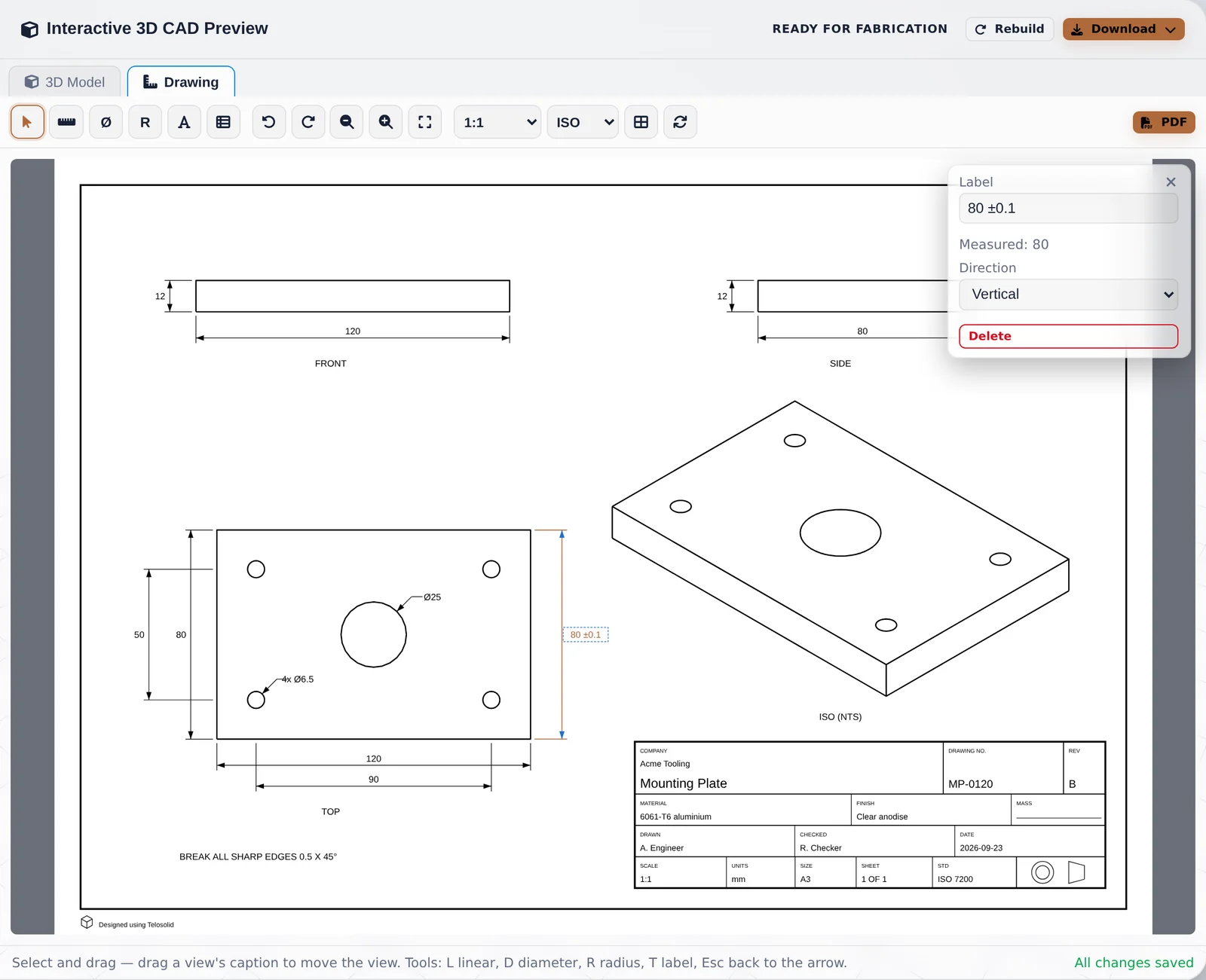 A dimension selected in the Drawing tab: it is highlighted on the sheet, and the panel shows its label 80 ±0.1, the measured value 80, a Direction choice set to Vertical, and a Delete button
