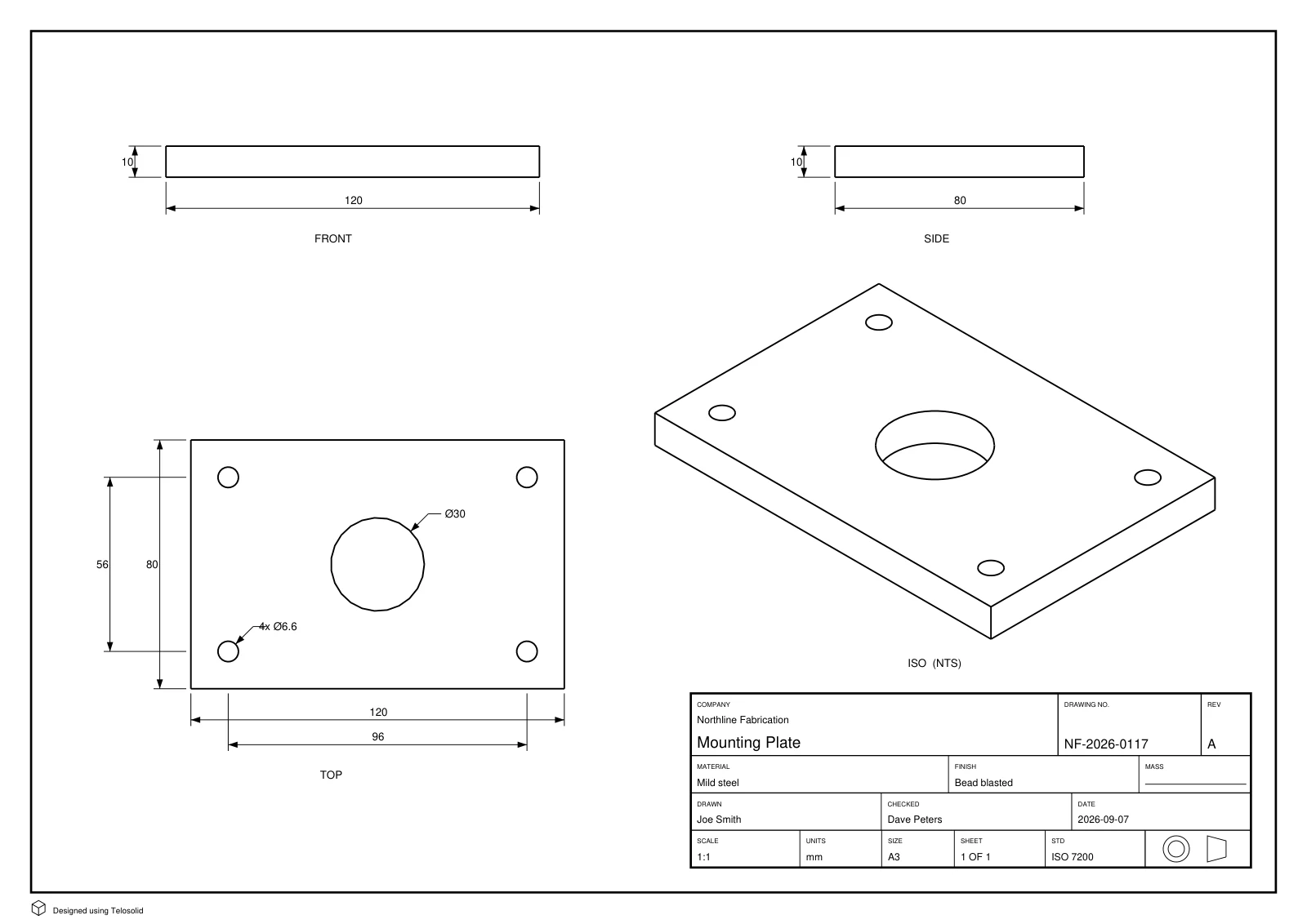 Manufacturing drawing generated by Telosolid: front, top, side and isometric views of a 120x80x10 mm mounting plate, dimensioned, with an ISO 7200 title block