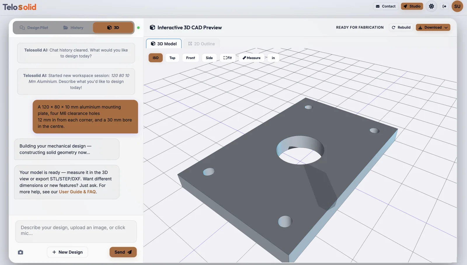 The Telosolid workspace: the mounting plate prompt in the chat panel on the left, and the finished 3D solid model in the preview on the right