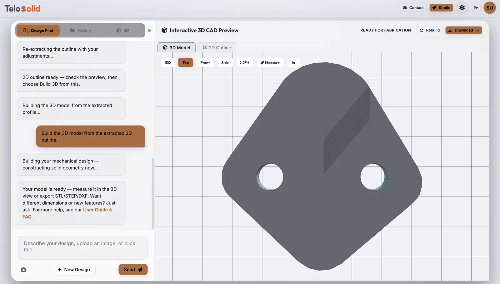 The same bracket as a 3D solid model in Telosolid, built from the traced outline
