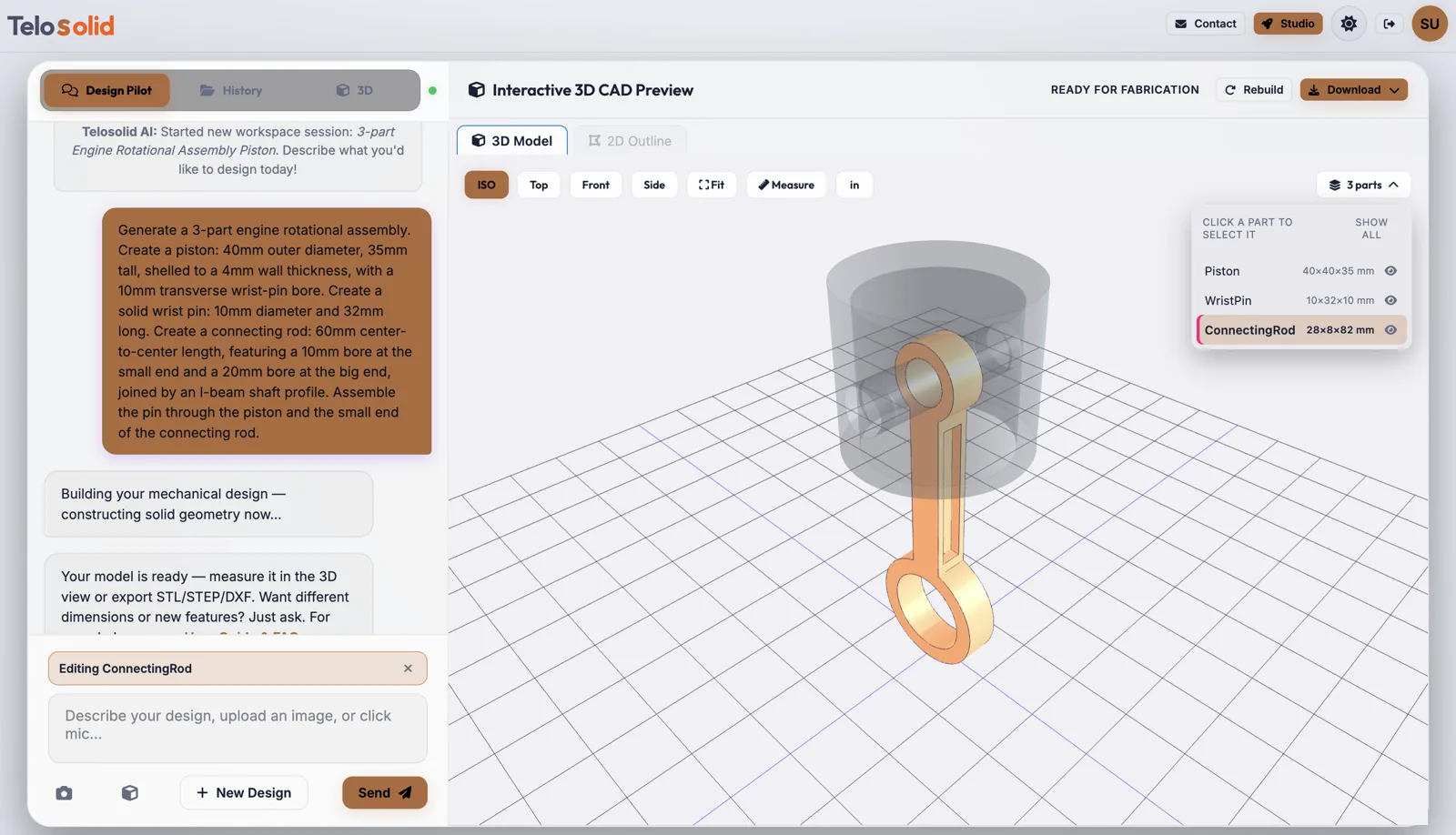 The Telosolid workspace showing a three-part engine assembly. The parts panel lists Piston, WristPin and ConnectingRod with their sizes; ConnectingRod is selected and highlighted in the viewport while the piston is shown ghosted, and a chip above the message box reads Editing ConnectingRod