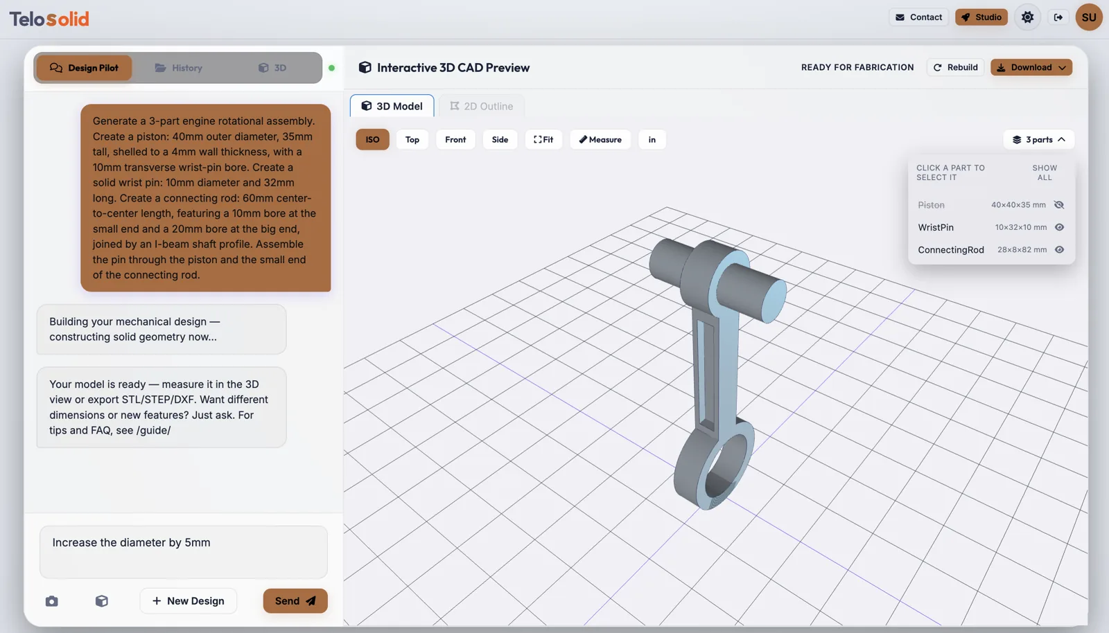 The same three-part assembly with the Piston row greyed out and its eye icon struck through; the piston is gone from the viewport, leaving only the wrist pin and connecting rod