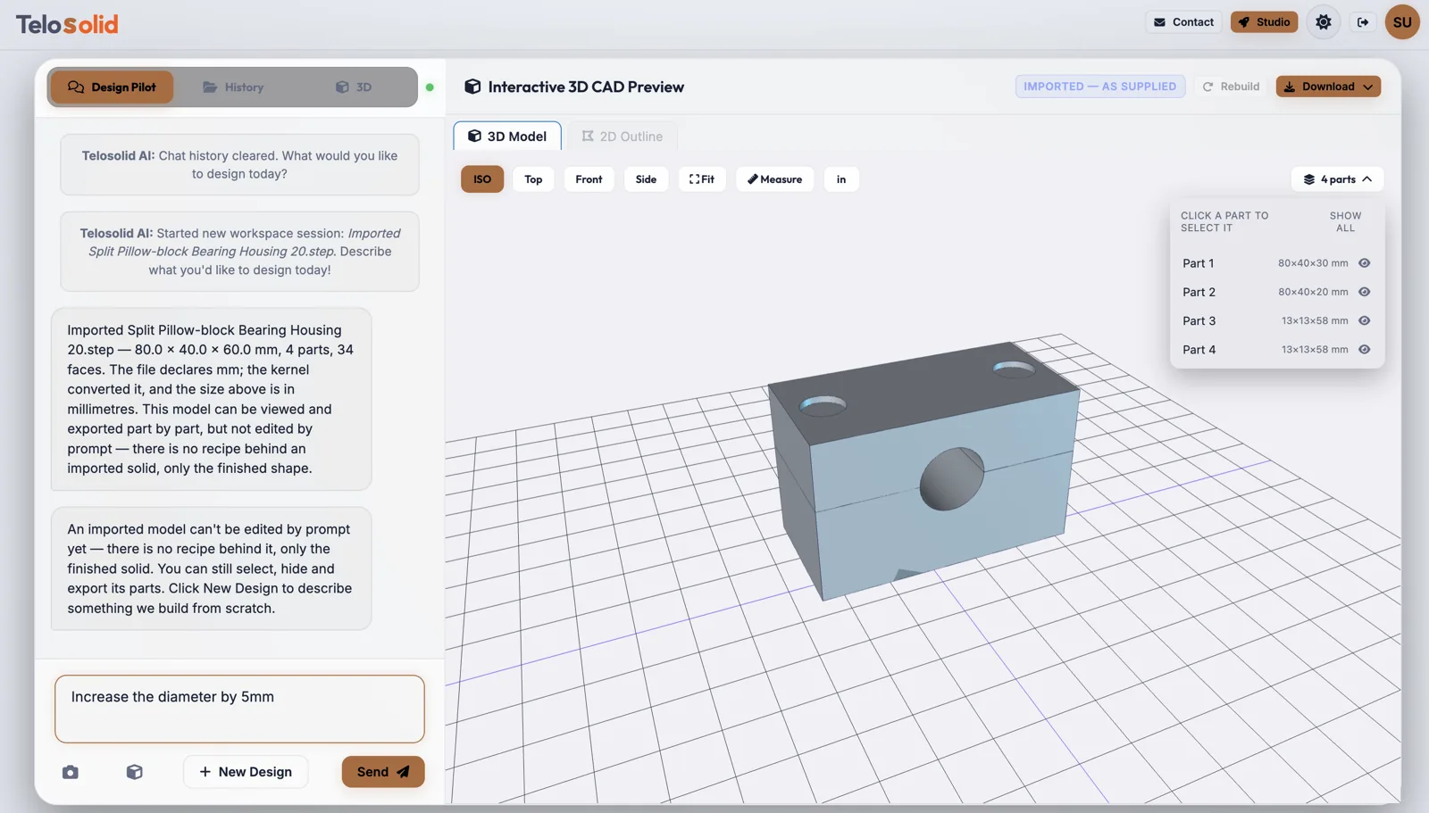 An imported STEP file of a split pillow-block bearing housing in the Telosolid viewport, its parts panel listing four parts with sizes, and the chat stating the file declares millimetres and that an imported model cannot be edited by prompt